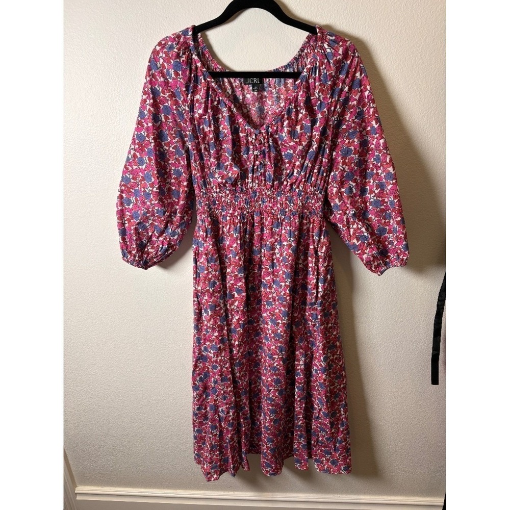 J.Crew Pink Blue Floral Smocked Waist Puff Sleeve Midi Dress XS